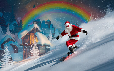 Santa Claus snowboarding down a snowy mountain with a rainbow in the background  red and white  winter holiday fun   