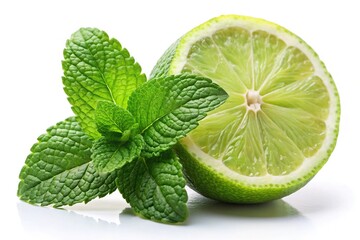 Fresh lime slices with mint leaves isolated on white background