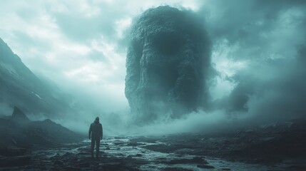 A man is walking through a desolate landscape with a large