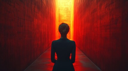 A woman stands in a long, narrow hallway with red walls