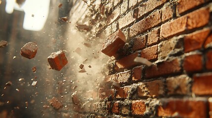A brick wall being broken through by a hammer