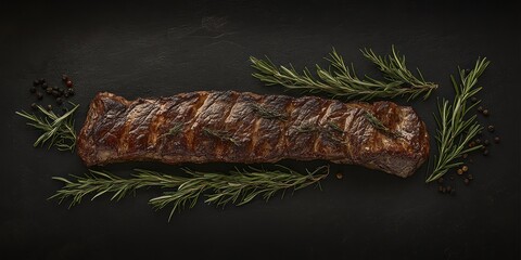 a piece of meat with rosemary on a black background