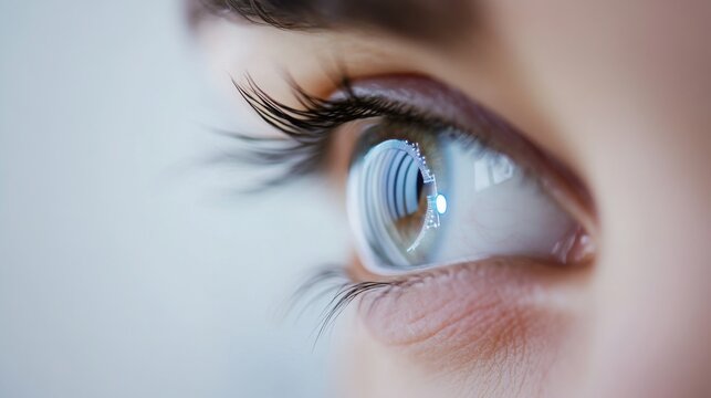 A close-up of a human eye showcases intricate details and reflections, emphasizing technology and light. The eye captures digital imagery, representing a blend of biology and modern innovation.