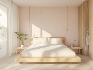 Pastel walls provide a gentle backdrop in this minimalist bedroom, with light wood furnishings and soft bedding
