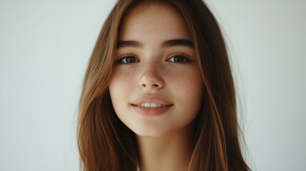 Naklejka premium Portrait of a young woman with straight brown hair, soft gaze, and confident smile, looking at the camera, isolated on white