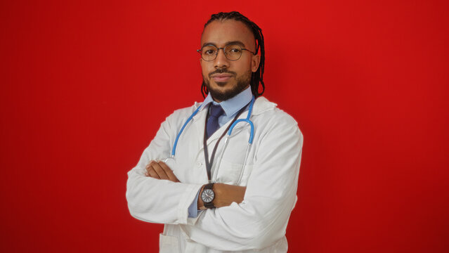 Confident black man with braids and glasses in a white lab coat stands with arms crossed against a vibrant red background, exuding professionalism and style.