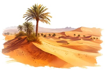 Desert. Desert landscape illustration. Oasis in the desert. African lanscape. Arabian land. Safari wallpaper. Watercolor illustration of oasis in desert.