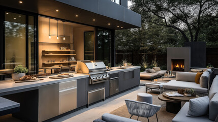 Modern outdoor kitchen and lounge with grill, cozy seating, and fireplace surrounded by lush garden at dusk.