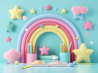 A soft pastel logo with books, pencils, and a rainbow, symbolizing fun learning. Suitable for schools, educational apps, and children's programs