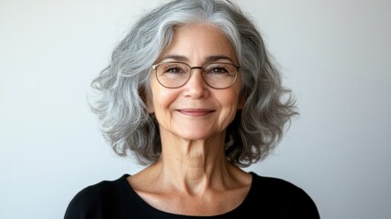 Portrait of an older woman with a gentle smile, silver hair, and calm eyes, showing kindness, isolated on white