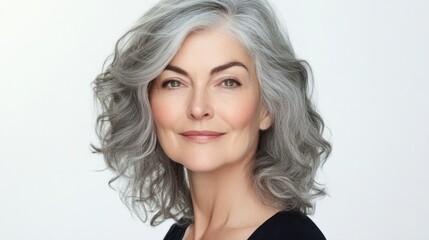 Naklejka premium Portrait of an older woman with a gentle smile, silver hair, and calm eyes, showing kindness, isolated on white