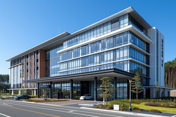 A modern, elegant multi-story architectural masterpiece with floor-to-ceiling windows stands majestically under a clear blue sky, surrounded by well-manicured greenery