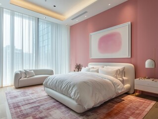 Pastel-colored walls, white bedding, and abstract art