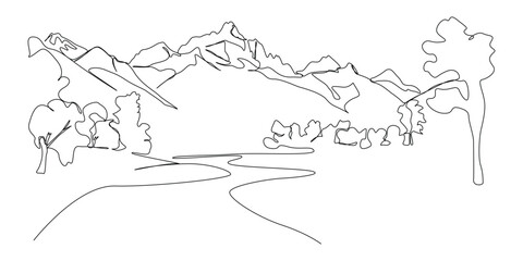 Single continuous line drawing of a mountain range landscape. high mounts and peaks one line art.Concept of Adventure, winter sports, hiking, and tourism vector illustration.