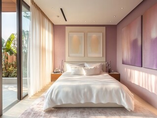 Pastel-colored walls, white bedding, and abstract art make this modern bedroom playful yet elegant