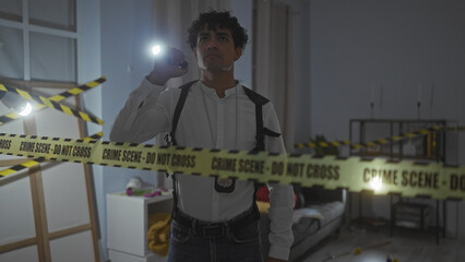 Hispanic detective man with flashlight at night indoor crime scene in living room