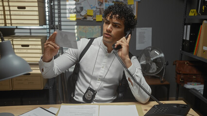 Hispanic detective analyzing evidence while talking on phone in a cluttered office.