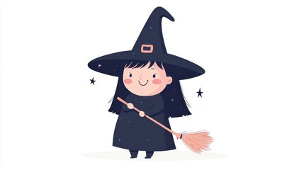 Cartoon character of witch with a broom. Halloween decoration elements.