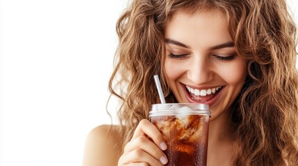 Woman enjoying an iced coffee, showing a cheerful and relaxed expression, isolated on white