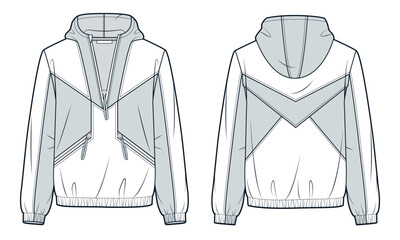 Half Zip Hoodie technical fashion illustration. Anorak Jacket fashion flat technical drawing template, pockets, oversize, front and back view, white and grey, women, men, unisex CAD mockup. © Liubov Hladka