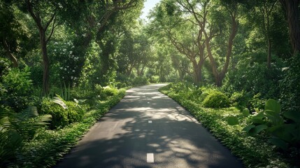 Fototapeta premium A serene pathway winds through a lush, green forest, bathed in sunlight, showcasing vibrant foliage and inviting tranquility.