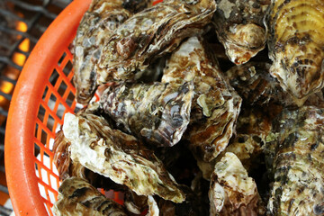 Korean seafood food. Fresh oysters in a basket
