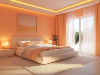 Peach walls combined with clean, modern furnishings and neutral textiles make this bedroom warm and inviting