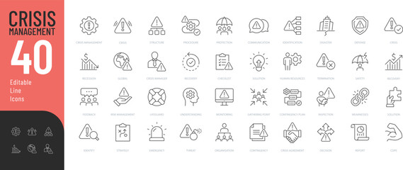 Crisis Management Line Editable Icons set. Vector illustration in modern thin line style of business related icons: protection, decision, strategy, and more. Pictograms and infographics for mobile app