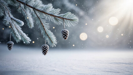 Pine branch covered in frost with pine cones hanging from it. Background is blurred and suggests wintry forest with glittering snowflakes