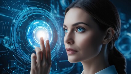 woman face holding a holographic AI icon, with futuristic digital interface in the background