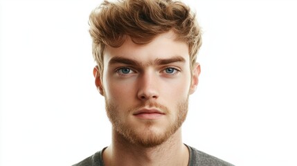 Fototapeta premium Young man with a light beard, short hair, and relaxed expression, appearing approachable and confident, isolated on white