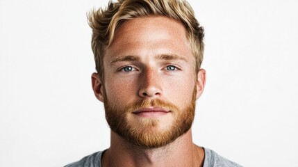 Obraz premium Young man with a light beard, short hair, and relaxed expression, appearing approachable and confident, isolated on white
