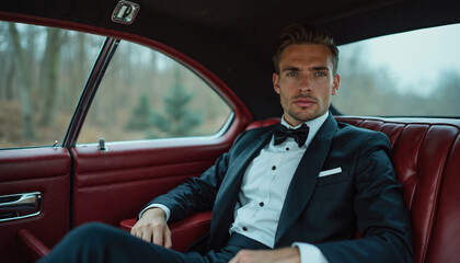 A man in a black tuxedo with a bow tie sits in the backseat of a vintage car, looking at the camera. The car has a red leather interior.