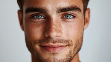 Obraz premium Young man with smooth skin, clean-shaven face, and friendly expression, looking straight into the camera, isolated on white