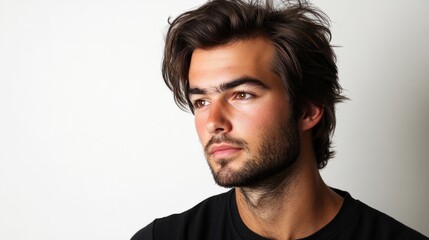 Obraz premium Young man with stubble and medium-length hair, looking thoughtfully to the side, isolated on white