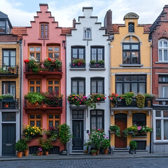 Fototapeta premium Picturesque Row of Distinctive European Houses Under Clear Blue Sky