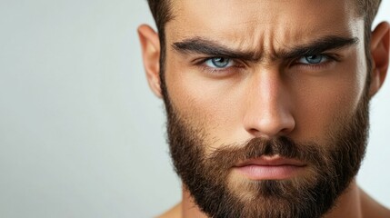 Obraz premium Young man with trimmed beard, deep-set eyes, and serious look, showing focus, isolated on white