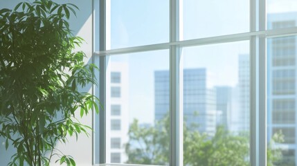 Naklejka premium Modern office wall mockup next to large windows, perfect for branding and signage presentations.