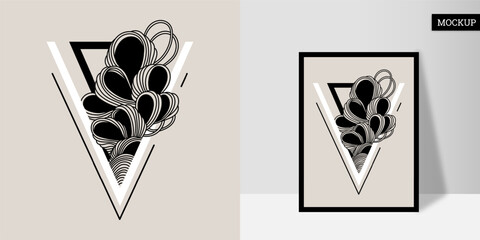 Wall art is hand-painted. Line art is black on a light background. Wavy lines in triangles. Poster with geometric shapes. Vector illustration. Design for print card, cover, wallpaper, home decor.