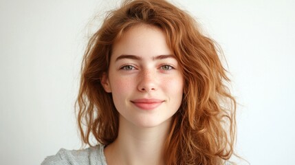 Fototapeta premium Young woman with a slight smile, soft curly hair, and a relaxed look, conveying confidence, isolated on white