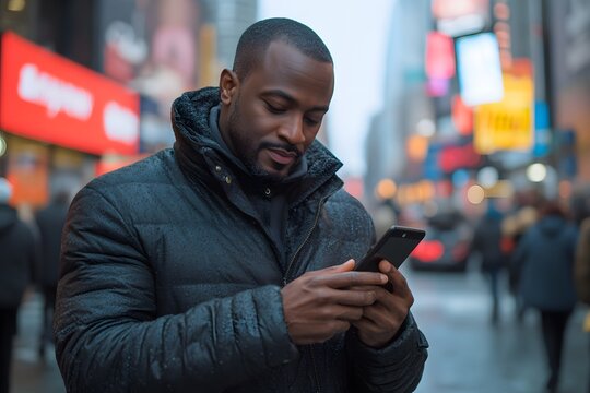 A man checks his phone while standing in a busy Times Square during a rainy day.