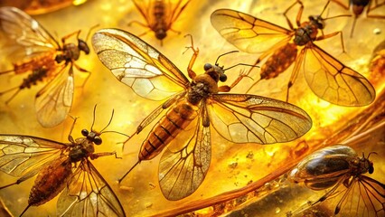 Fossilized insects trapped in amber with delicate wings, ancient, insect