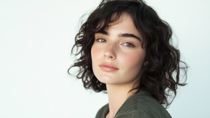 Fototapeta premium Young woman with dark curls, slight smile, and natural look, appearing calm and confident, isolated on white