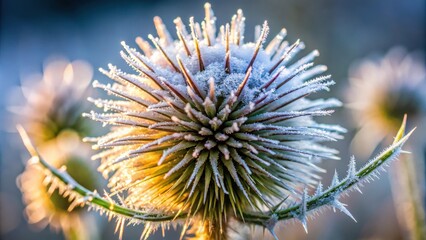 A frozen flower bud, with its delicate petals coated in frost, basks in the warm glow of the morning sun.