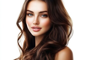 Naklejka premium Young woman with long wavy hair, slight smile, and confident gaze, looking friendly, isolated on white