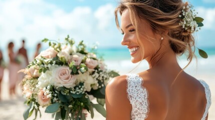 Naklejka premium A joyful bride with a radiant smile holds a lush bouquet of roses and greenery, standing by the vibrant shore on her wedding day as friends celebrate behind.