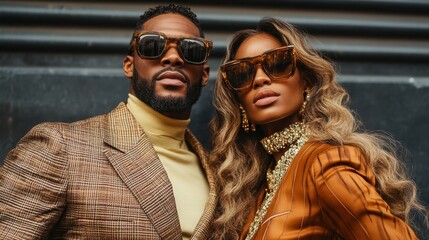 A sophisticated couple exudes confidence and style as they pose with elegance in extravagant clothing against an urban backdrop.