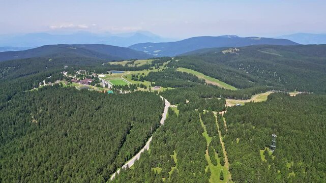 Aerial view of beautiful lush forest and serene mountain with a winding road, Rogla, Slovenia.