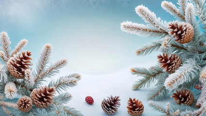 Frost-covered pine branch with pine cones. Background is blurred and suggests wintry forest with glittering snowflakes