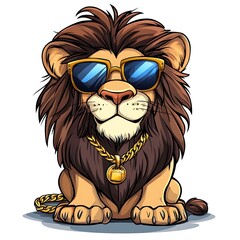 Fototapeta premium Cartoon hip-hop lion wearing sunglasses and a gold chain on a white background.